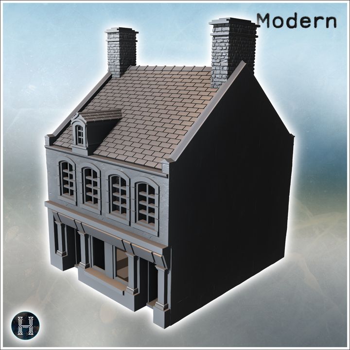 3D Printable House with two chimneys, sloped roof, and small